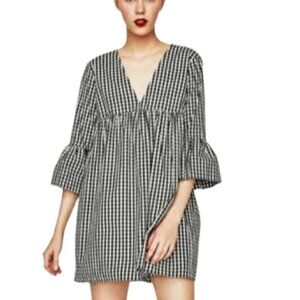 Zara Mini Babydoll Dress Women's XS Black White Gingham Plaid Casual w/ Shorts